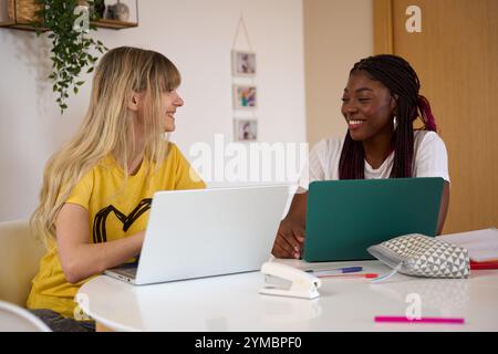 Studenti multietnici che collaborano con i computer portatili: Promuovere la diversità e l'istruzione Foto Stock