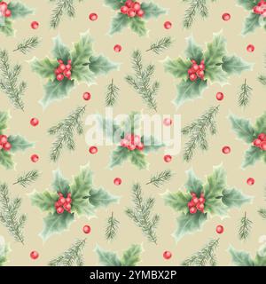 Acquerello natalizio senza cuciture con rami di abete rosso, frutti di bosco e foglie. Illustrazione invernale disegnata a mano su sfondo beige per la carta da imballaggio per le feste di Capodanno, i tessuti e i disegni. Foto Stock