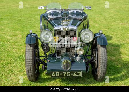 Vista frontale di un'auto sportiva vintage da mg, parcheggiata su un prato verde, che mostra il suo design classico e la tradizione britannica Foto Stock