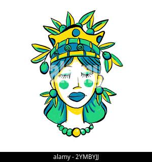 Illustrazione stilizzata ispirata ai tradizionali vasi ceramici siciliani con testa in Moro con elementi decorativi in turchese e giallo Foto Stock