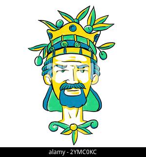 Ritratto maschile stilizzato ispirato alle tradizionali ceramiche siciliane con corona ornata e barba decorata Foto Stock