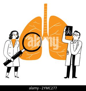 Medicina respiratoria Pulmonologia Healthcare concetto. I medici controllano la tubercolosi umana o polmonite polmonare con la lente d'ingrandimento, fanno raggi X. Polivalente medico Illustrazione Vettoriale