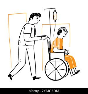 Gli infermieri maschili aiutano i pazienti a spingere la sedia a rotelle, disegnando a mano lo stile a scarabocchio dell'illustrazione vettoriale Illustrazione Vettoriale