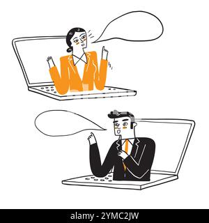 Illustrazione di un uomo d'affari che lavora in remoto, disegnato a mano in stile doodle con illustrazione vettoriale Illustrazione Vettoriale