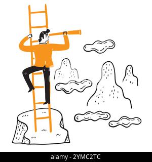 L'uomo d'affari è alla ricerca di nuove opportunità di business con lo stile doodle binoculare e vettoriale. Illustrazione Vettoriale