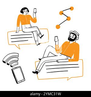 Concetto di tecnologia di comunicazione, disegna a mano in stile doodle per illustrazioni vettoriali Illustrazione Vettoriale