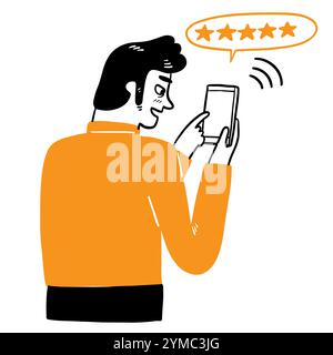L'uomo che usa il telefono, disegna a mano lo stile a doodle di illustrazione vettoriale Illustrazione Vettoriale