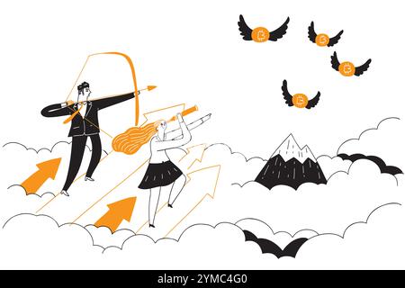 Un uomo d'affari sta sparando una freccia a qualcosa che vola come un bitcoin. Illustrazione vettoriale disegnata a mano Illustrazione Vettoriale