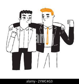 Due uomini d'affari in tuta che si abbracciano a vicenda, disegnano a mano un'illustrazione vettoriale. Illustrazione Vettoriale