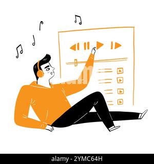 Giovane con le cuffie che scelgono una canzone, disegnando a mano un disegno vettoriale stile doodle. Illustrazione Vettoriale