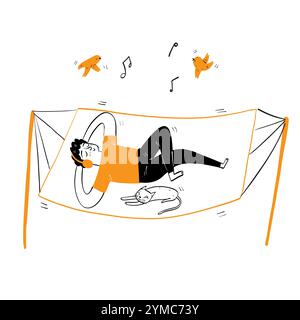 Uomo felice sdraiato sulla culla con le cuffie che ascolta la musica il relax diurno con un gatto piccolo, disegno a mano in stile doodle vettoriale. Illustrazione Vettoriale