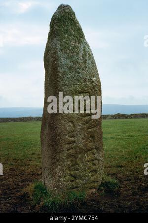 Vedi SSW of Men Scryfa (Men Scryfys, Written Stone) C6th pietra incisa su Bosullow Common, West Penwith, Cornovaglia, Inghilterra, Regno Unito: Rialobran & Cunoval. Foto Stock