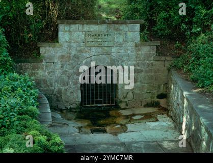 Vedi WNW del pozzo di Oswald, Maserfield, Shropshire, Inghilterra, restaurato dalla Corporation of Oswestry 1907: St Oswald, re cristiano di Northumbria. Foto Stock