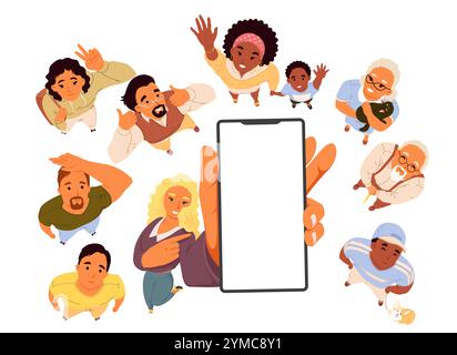Persone che guardano in alto mostrando uno schermo del telefono vuoto Illustrazione Vettoriale