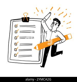 Completamento riuscito delle attività aziendali. Uomo d'affari positivo con una matita gigante nelle vicinanze, con una lista di controllo segnata su un foglio di appunti. Illu vettoriale disegnato a mano Illustrazione Vettoriale
