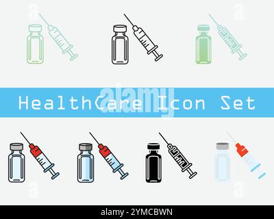 Si tratta di un set di 7 icone Healthcare con uno stile minimalista. Illustrazione Vettoriale