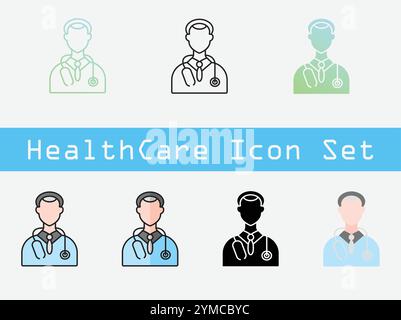 Si tratta di un set di 7 icone Healthcare con uno stile minimalista. Illustrazione Vettoriale
