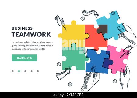 Collaborazione, cooperazione per raggiungere gli obiettivi aziendali. Lavoro di squadra di successo, concetto di strategia di partnership. Mani che si uniscono per collegare pezzi colorati di p Illustrazione Vettoriale