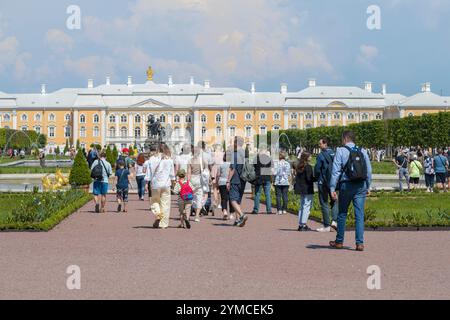 PETRODVORETS, RUSSIA - 4 GIUGNO 2024: I turisti camminano fino al Grand Palace lungo l'Upper Park. Palazzo Peterhof e complesso del Parco Foto Stock