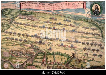 Guerra civile inglese. Battle of Naseby, 14 giugno 1645, Battlefield Map, incisione colorata a mano di Robert Streeter, 1648 Foto Stock