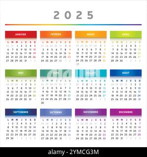 2025 Calendario con scatole in colori arcobaleno 4 colonne - francese Illustrazione Vettoriale