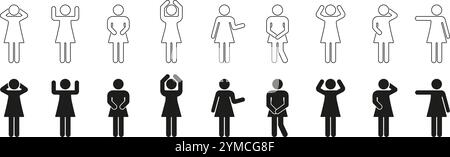 Set di icone di linea figure umane e silhouette femminili. Donna Stick Figure Gesture pose, Expression Outline e Solid Collection. Tratto modificabile Illustrazione Vettoriale