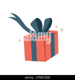 Icona della confezione regalo su sfondo bianco. Design piatto. Illustrazione vettoriale disegnata a mano. Confezione regalo legata al nastro. Regalo per Natale, San Valentino, compleanno. Vettore isolato su bianco Illustrazione Vettoriale