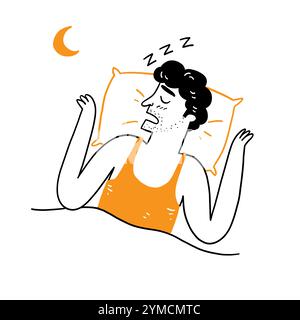 Uomo che dorme a letto, russare. Terapia ostruttiva di apnea del sonno. Terapia CPAP, salute medica, prova del sonno, buon sonno, macchina, paziente, Disord. sonno Illustrazione Vettoriale