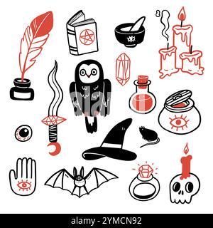 Set di icone di cristallo con simboli magici della stregoneria. Illustrazione vettoriale disegnata a mano in stile doodle. Illustrazione Vettoriale