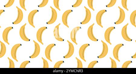 Allegro motivo senza cuciture con stravaganti illustrazioni a banana in un moderno stile vettoriale con colori piatti. Con un'atmosfera giocosa e adatta ai bambini, questo design aggiunge un tocco di gioia a qualsiasi progetto Illustrazione Vettoriale
