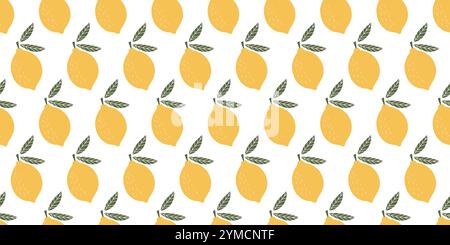 Motivo luminoso senza cuciture con limoni stilizzati e foglie verdi, ideale per i design a tema estivo. Illustrazione Vettoriale