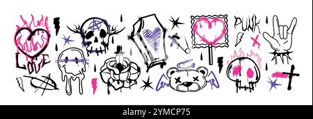 Set di elementi per graffiti con vernice spray. Teschio gotico dell'arte di strada, testa di orso, cuore ardente, bara, fiori di rosa e scintille. Adesivi con inchiostro grunge, gesti delle mani, sorrisi che si fondono con schizzi e gocce Illustrazione Vettoriale
