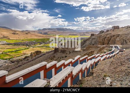 Vista su Sakya e la fioritura dei semi di colza nel Tibet centrale, cielo al tramonto con spazio copia Foto Stock