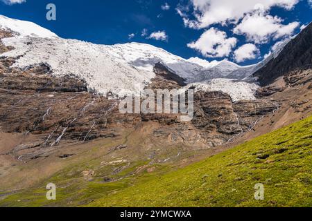 Il monte Togolung alto 6773 m, a sinistra, e il monte Nojin Kangsang alto 7206 m e il ghiacciaio, a destra, sono visibili verso il passo Karo-la nell'Himalaya Lhagoi K Foto Stock