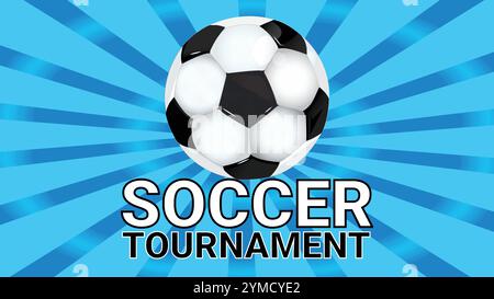 Torneo di calcio con sfondo Blue Sunburst e pallone da calcio realistico in 3d. Illustrazione Vettoriale
