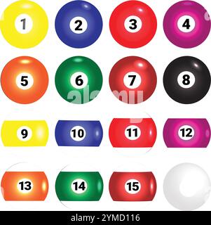Set snooker All Balls. Collezione di palline da biliardo realistiche con sfondo trasparente Illustrazione Vettoriale