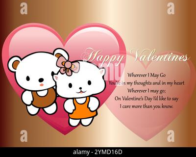 Cartone animato di due orsi e un gatto in un cuore. Gli orsi indossano abiti e il gatto indossa un fiocco. Il testo dice "buon San Valentino". Evidenziato con Illustrazione Vettoriale