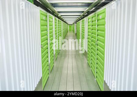 Immagine di sfondo del passaggio del magazzino con sportelli metallici verdi che conducono alle unità di stoccaggio automatico, spazio di copia Foto Stock