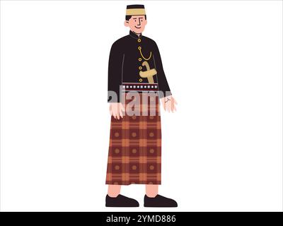 Abbigliamento tradizionale Bugis Indonesia Sud Sulawesi tradizione cultura abiti abiti Bodo cultura Ulos Songket colorato set di icone di design Illustrazione Vettoriale