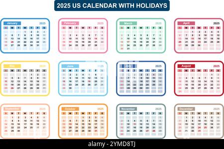 Calendario 2025, calendario colorato per ogni mese. impostare l'illustrazione vettoriale isolata su sfondo bianco. Illustrazione Vettoriale