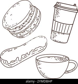 Illustrazione grafica vettoriale in bianco e nero con macaron, tazza da caffè, eclair e set di tazze Illustrazione Vettoriale