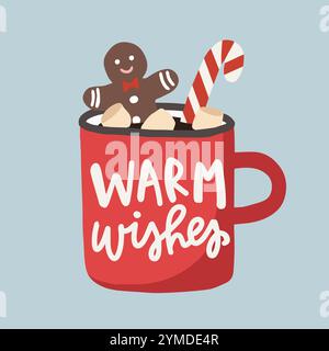 Cordiali auguri. Natale, biglietto di auguri di Capodanno. Tazza di cioccolata calda, cacao o caffè trafilati a mano. Marshmallow, biscotti di pan di zenzero. Canna da zucchero Illustrazione Vettoriale