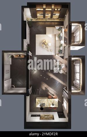 Piano dettagliato di un appartamento moderno ed elegante. rendering 3d. Foto Stock