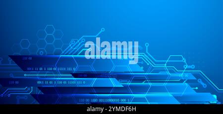 Illustrazione tecnologica astratta con luci al neon su sfondo blu scuro sfumato. Questo vettore è stato disegnato a mano. Illustrazione Vettoriale