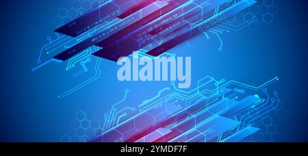 Illustrazione tecnologica astratta con luci al neon su sfondo blu scuro sfumato. Questo vettore è stato disegnato a mano. Illustrazione Vettoriale