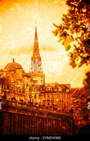 Bagno (Regno Unito). Immagine in stile retrò del paesaggio urbano con Pulteney Bridge sul fiume Avon e la chiesa di San Michele alla luce dorata del tramonto. Albero sfocato Foto Stock