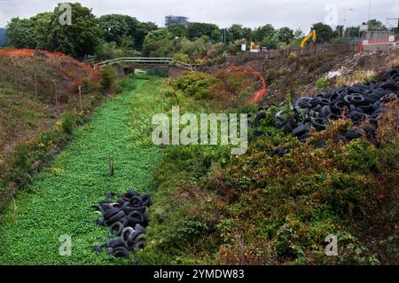 East London la Lower Lea Valley, sede del London Olympic Games Park 2012, 26 luglio 2007. Ricoperto e non amato il fiume Lea, vicino a Marshgate Lane, Londra E15. 2000 UK HOMER SYKES Foto Stock