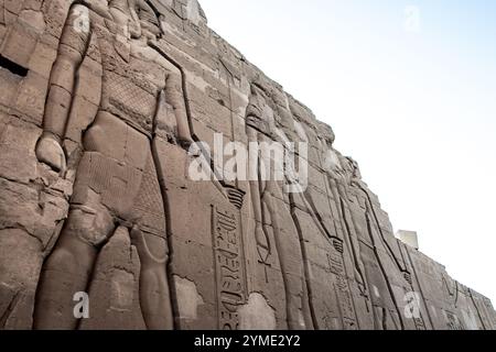 Antiche incisioni su un muro di un tempio in Egitto Foto Stock