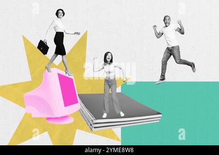 Grafica di tendenza composita immagine di schizzo 3D collage di giovane donna, insegnante di squadra, stand per studenti, copybook, display per computer Walk Foto Stock