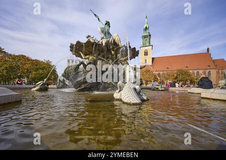 Fontana di Nettuno e Chiesa di Santa Maria a Berlino, capitale, città indipendente, stato federale di Berlino, Germania, Europa Foto Stock